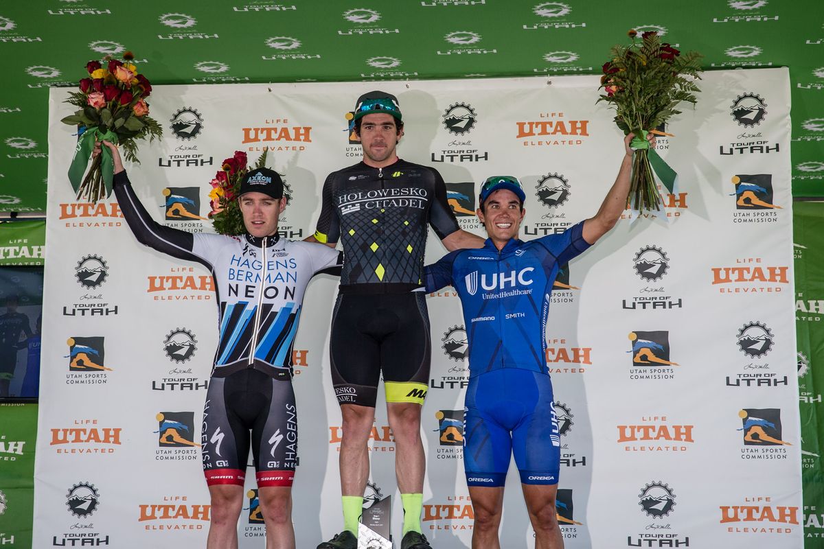 The top three on the stage enjoy their podium time