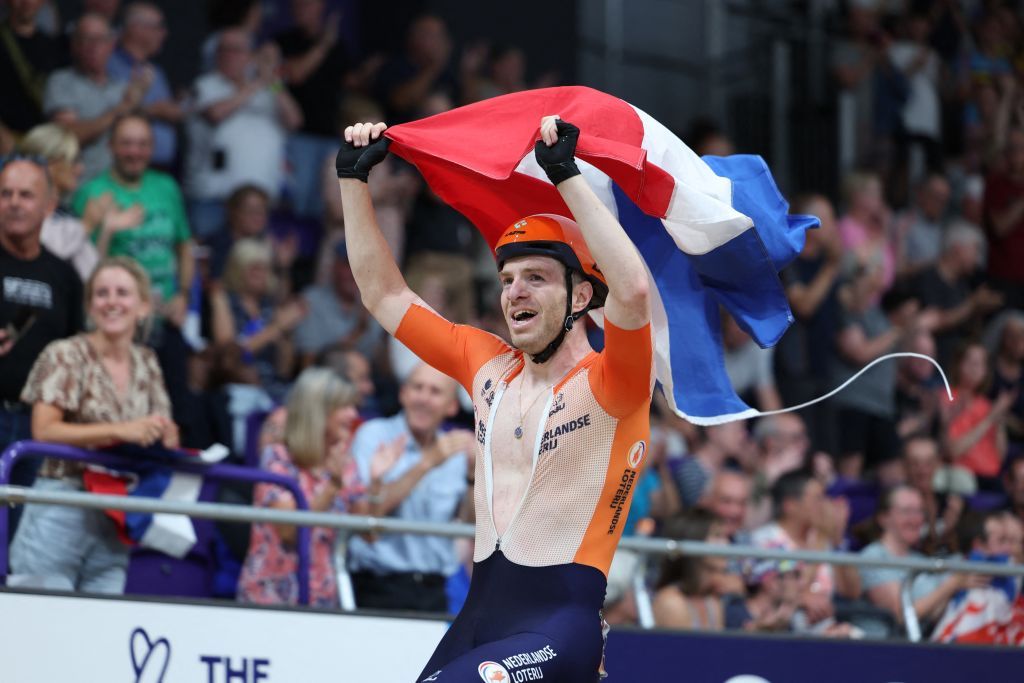 Dutch rider celebrates as the pair won the Men Elite Madison relay race at the UCI World Championships Cycling in Glasgow Scotland Tuesday 08 August 2023 UCI organizes the worlds with all cycling disciplines road cycling indoor cycling mountain bike BMX racing road paracycling and indoor paracycling in Glasgow from 03 to 13 AugustBELGA PHOTO DAVID PINTENS Photo by DAVID PINTENS BELGA MAG Belga via AFP Photo by DAVID PINTENSBELGA MAGAFP via Getty Images