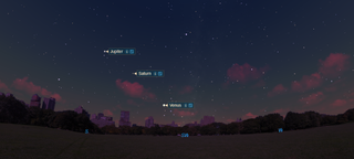 Venus, Saturn and Jupiter will shine in the night sky at around 5:30 p.m. local time in New York City on Nov. 25, 2021.