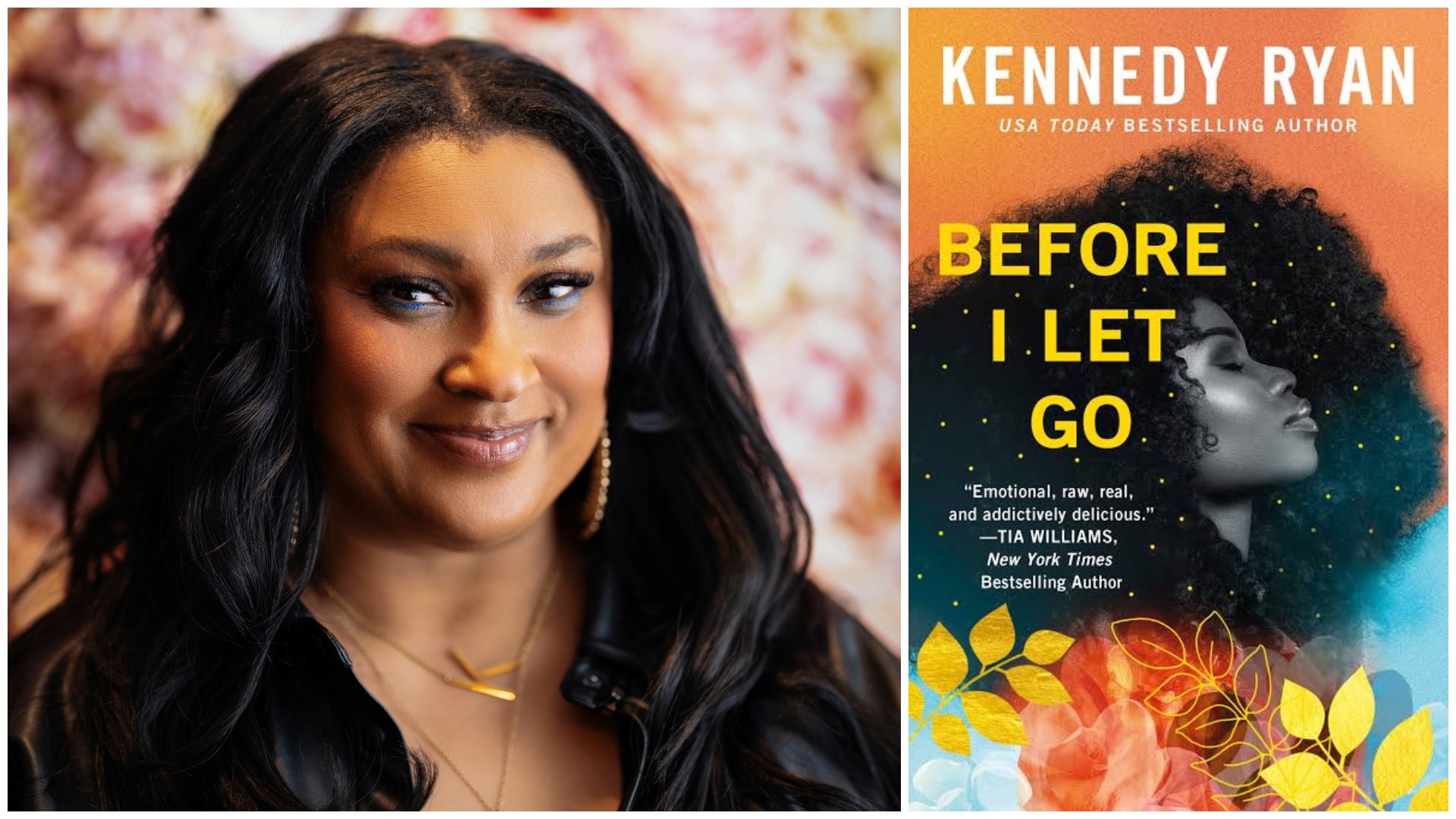 a split image of author kennedy ryan's headshot and the cover of her romance nvoel before i let go