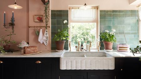 Butler under-mounted sink in peach and green kitchen