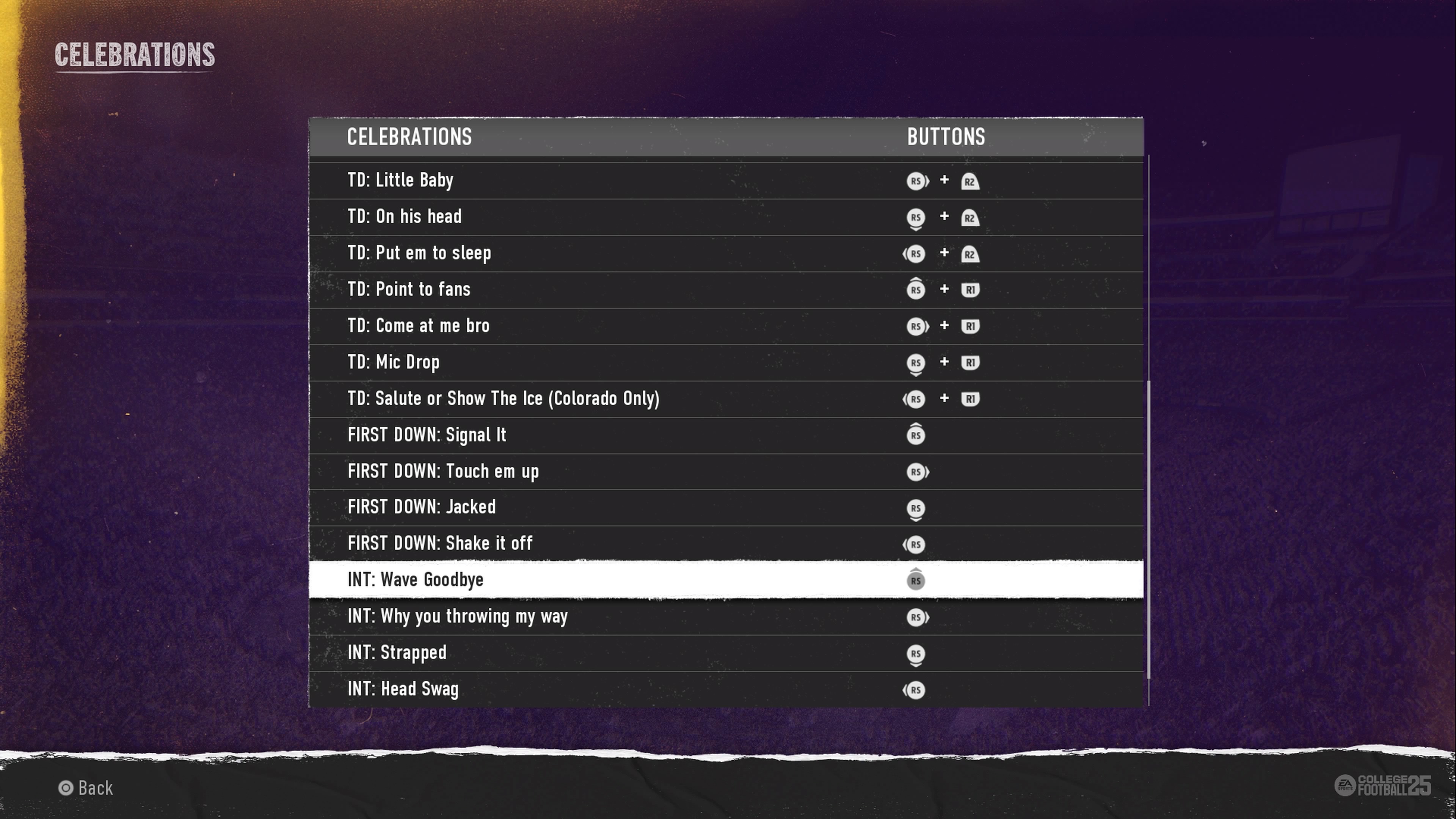 College Football 25 celebrations list for interceptions, first downs and touchdowns