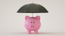 A piggy bank sits under an umbrella.