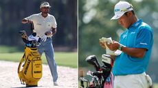 Jason Day pulls a club from his bag, with Hideki Matsuyama looking at his yardage book
