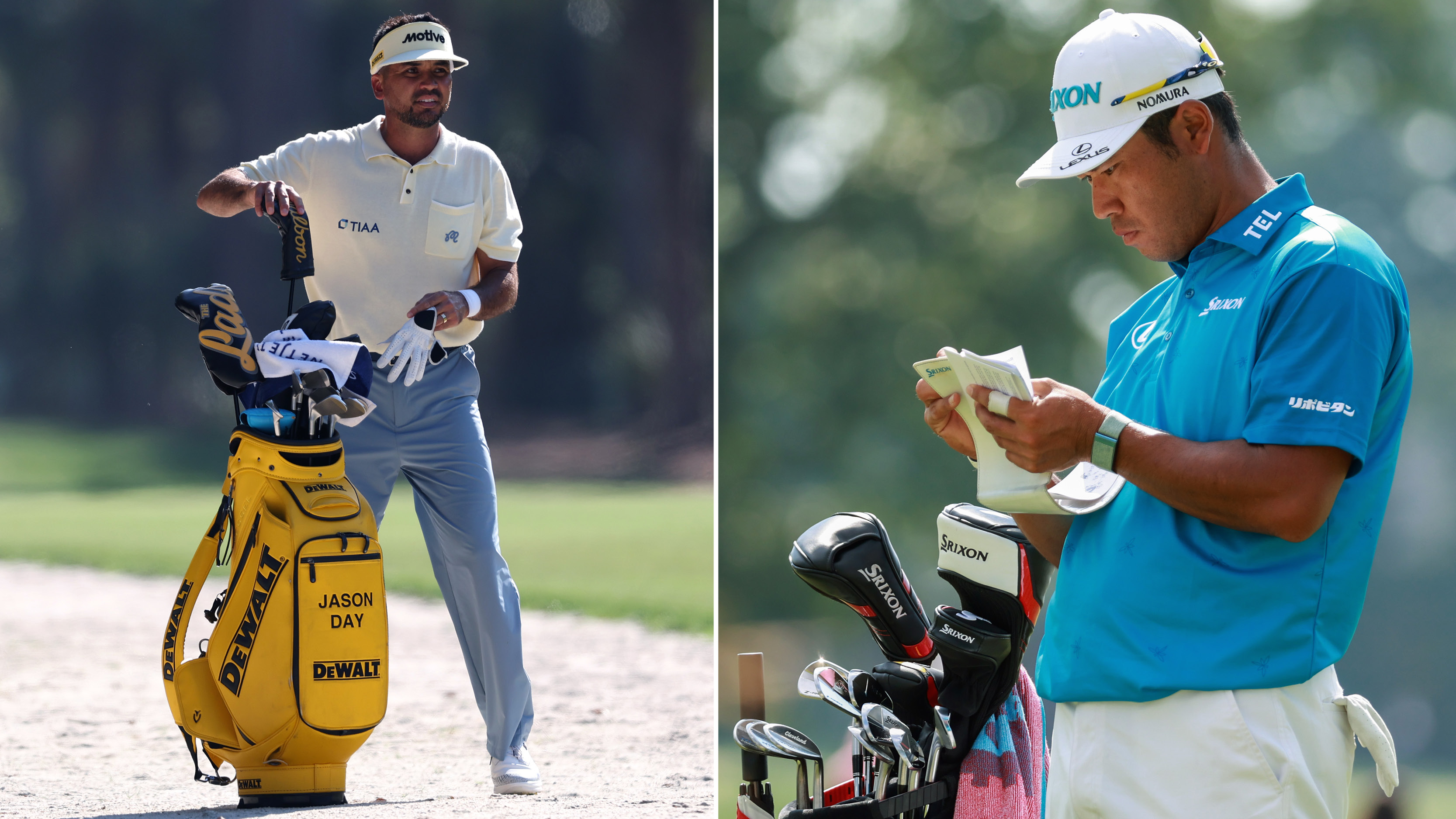 Jason Day pulls a club from his bag, with Hideki Matsuyama looking at his yardage book