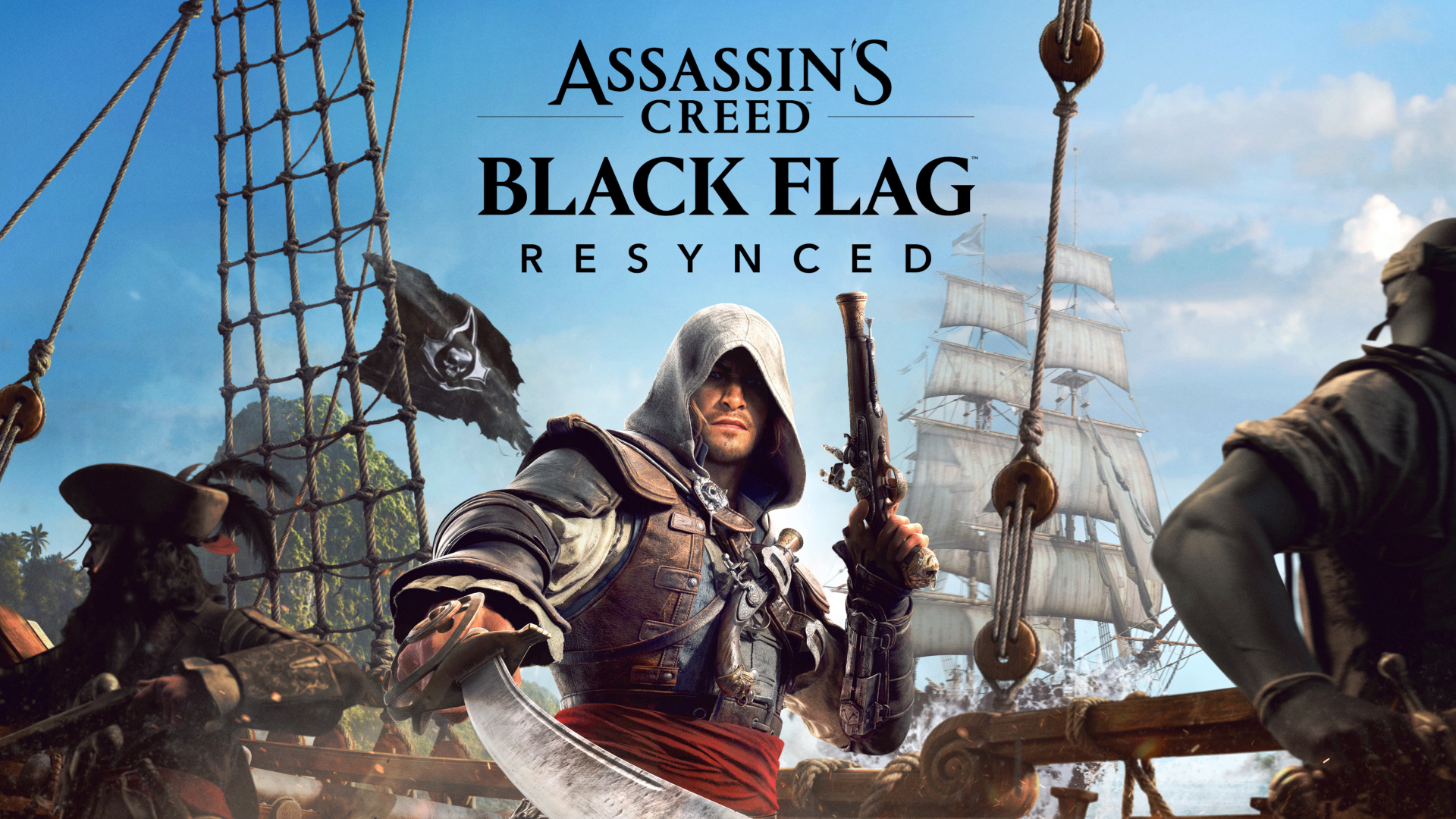 Assassin's Creed Black Flag Resynced key art showing Edward Kenway underneath the game's title and the Assassin's Creed logo with ships sailing in the background
