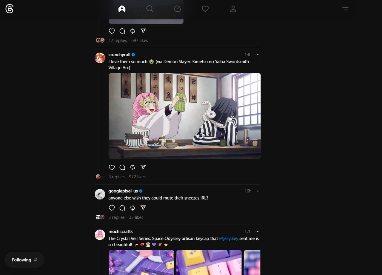 Threads on the web timeline and floating "Following" tab at the bottom left.