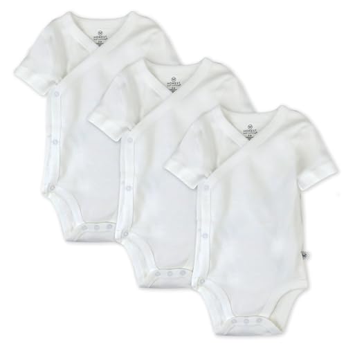 Honestbaby 3 Pack Short Sleeve Side Snap Kimono Bodysuit 100% Organic Cotton for Infant Baby Boys, Girls, Honestly Pure White, 3-6 Months