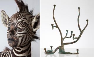 left: Kate Clark, She Gets What She Wants;irght: the Haas Brothers, Unique extra large Elephant Skin Candelabra in cast bronze with blue patina, 2013