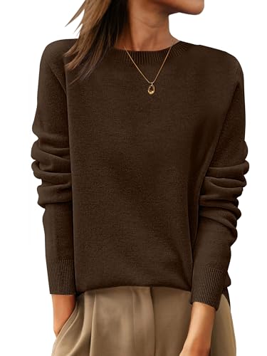 Anrabess Womens 100% Wool Sweaters Crewneck Long Sleeve Work Business Casual Basic Sweater Tops 2025 Fall Outfits Coffee Medium