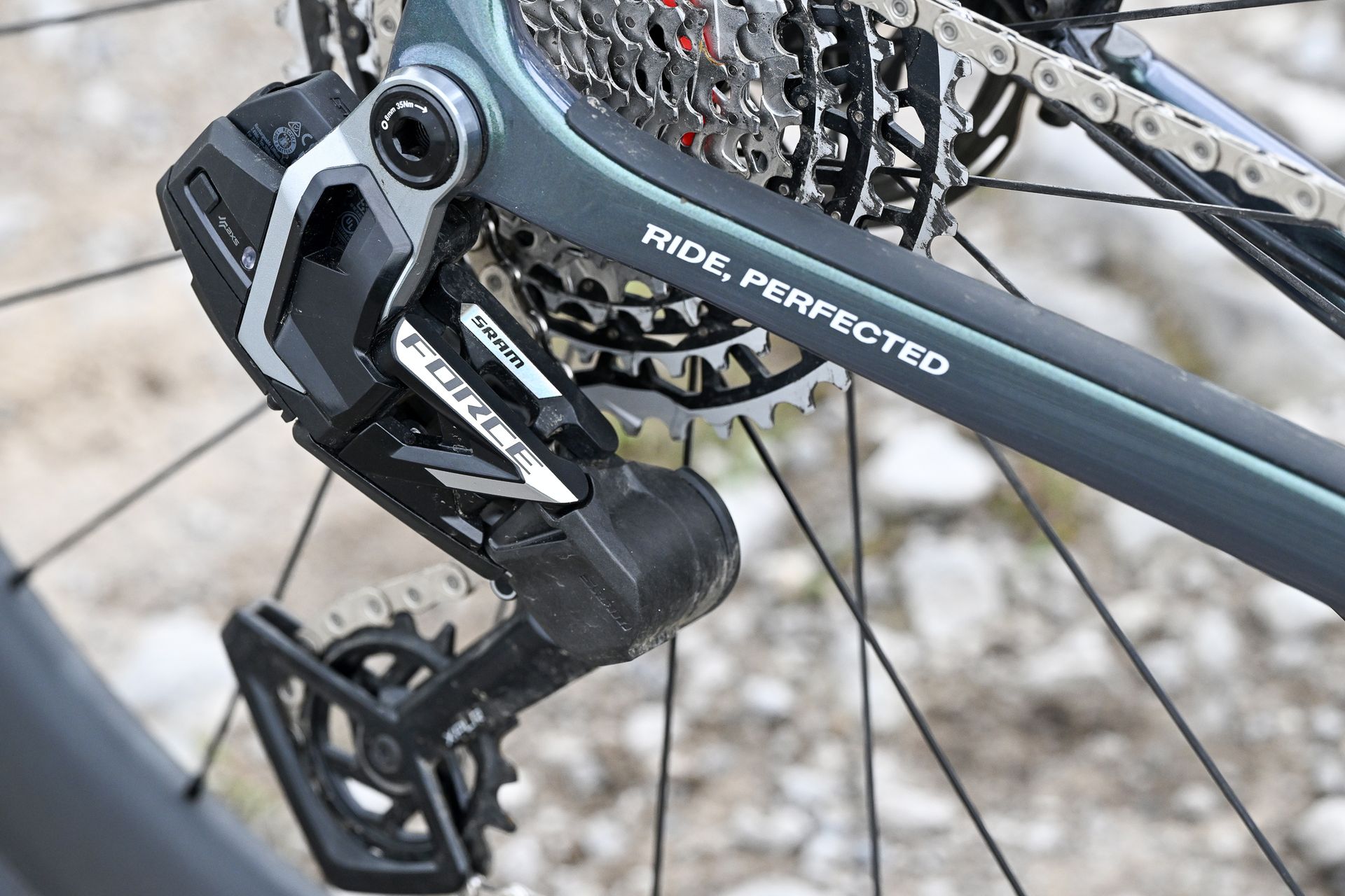 close up of a SRAM Force rear derailleur