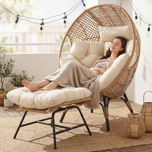 Nicesoul Wicker Egg Chair With Ottoman, Indoor Outdoor Egg Basket Lounge Chair W/cushion, Oversized Egg Seat With Legs 440 Lbs, Comfy Cozy Boho Style Nest Chair W/footrest for Patio, Balcony, Beige