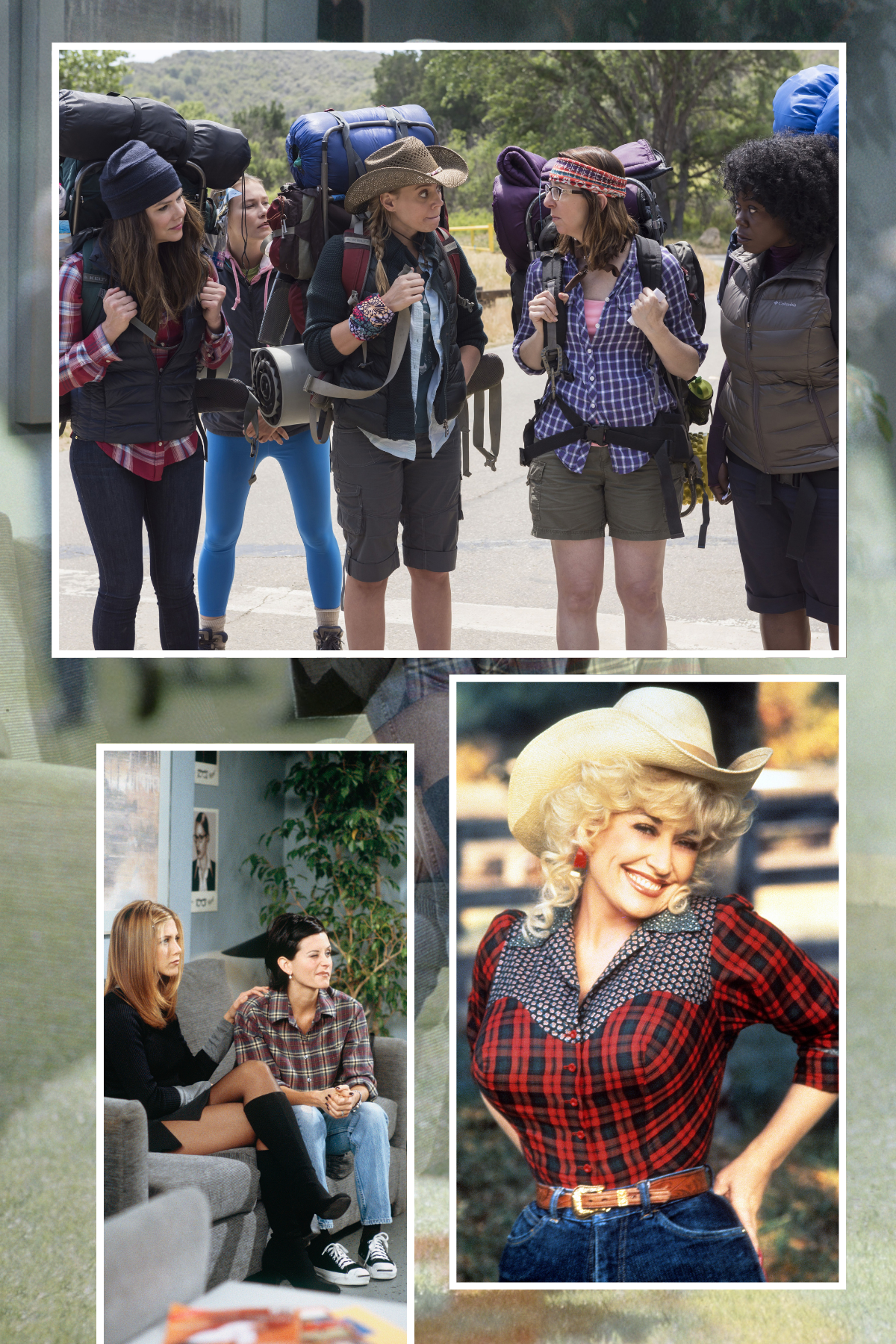 Image shows Dolly Parton, Lorlai Gilmore and Monica Geller from Friends all wearing plaid shirts.