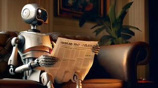 A robot reading a newspaper