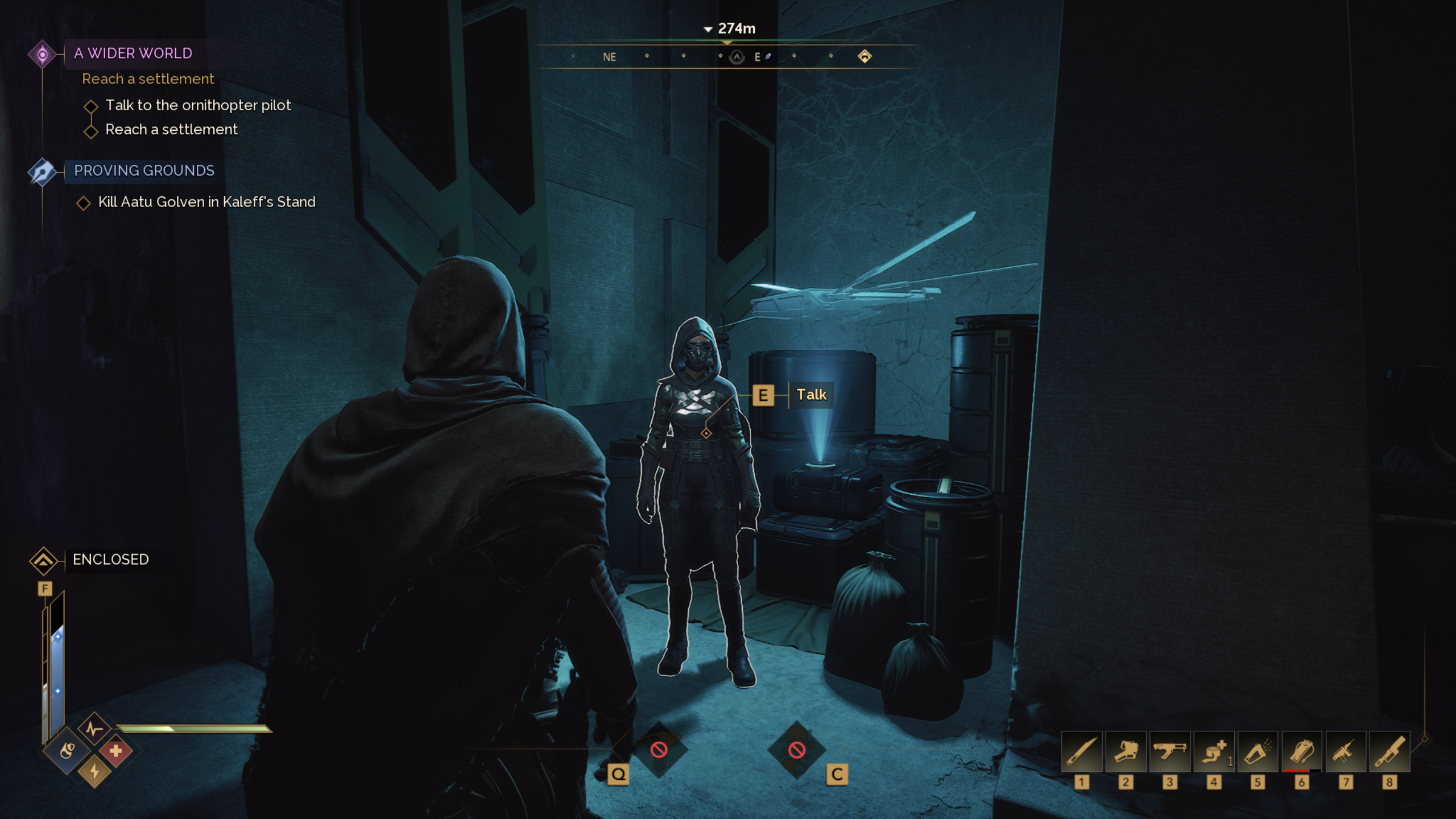 Dune: Awakening fast travel - An ornithopter pilot in the corner of Griffin's Reach Tradepost.
