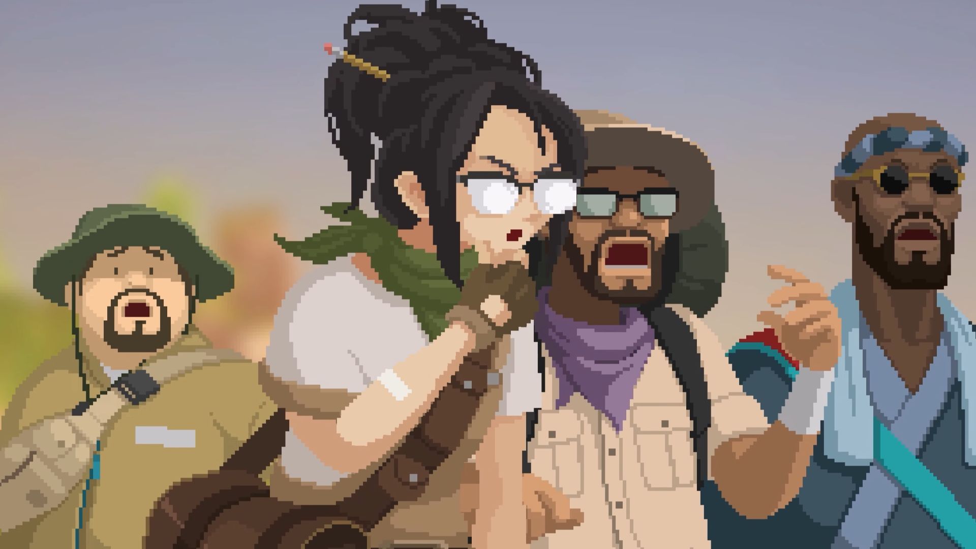 Dave the Diver In the Jungle DLC - Dave in the back left with his three friends all staring at something in the distance with varying levels of shock and awe