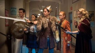 A cast of young people dressed in role playing clothes play Gryphons & Gargoyles in Riverdale