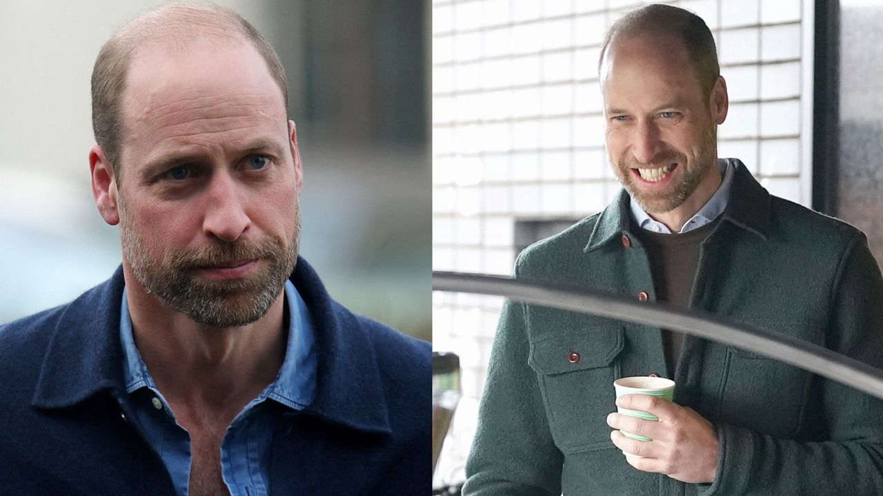 Prince William wearing a blue jacket and unbuttoned denim shirt with a serious expression next to a photo of him in a green shacket and brown sweater holding a coffee cup and smiling 