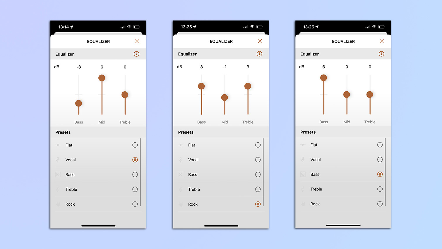 Screenshots from the Klipsch app showing the EQ settings