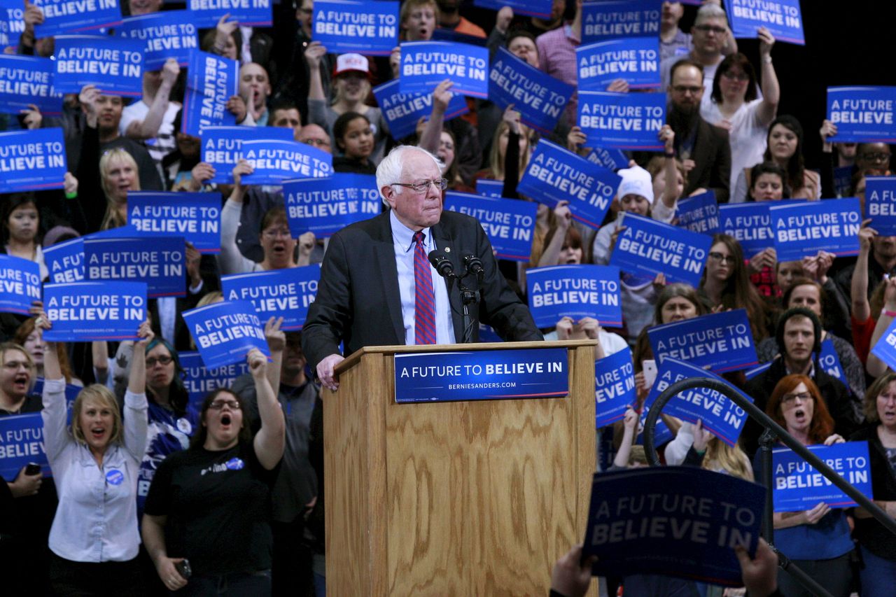 Bernie Sanders and his supporters during a rally.