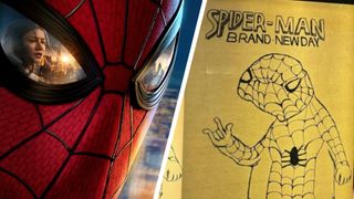 Spider-Man Brand New Day poster design alongside an improvised hand-drawn Spider-Man poster design displayed at a cinema