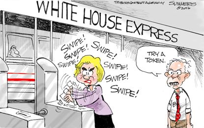 Political Cartoon U.S. Hillary Bernie Subway
