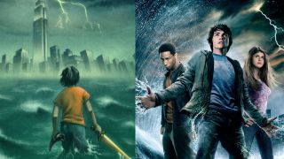 Percy Jackson Lightning Thief book cover and movie poster with Logan Lerman and Alexandra Daddario