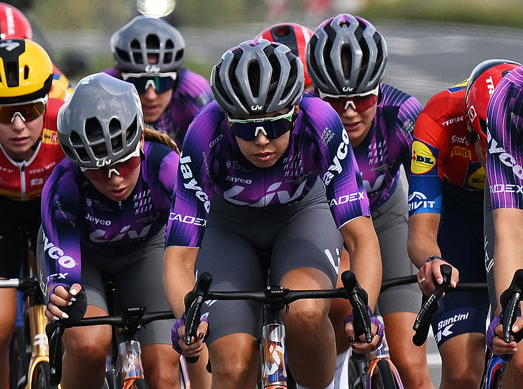 ZEEWOLDE, NETHERLANDS - SEPTEMBER 04: Georgia Baker of Australia and Team Liv AlUla Jayco competes during the 27th Simac Ladies Tour 2025, Stage 3 a 160.1km stage from Zeewolde to Zeewolde / #UCIWWT / on September 04, 2025 in Zeewolde, Netherlands. (Photo by Luc Claessen/Getty Images)