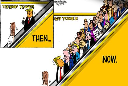 Political Cartoon U.S. Trump 2016 and 2020 Election Announcements