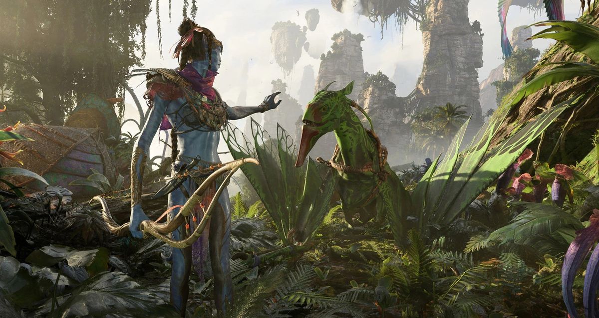 A na&#039;vi standing next to a flying creature