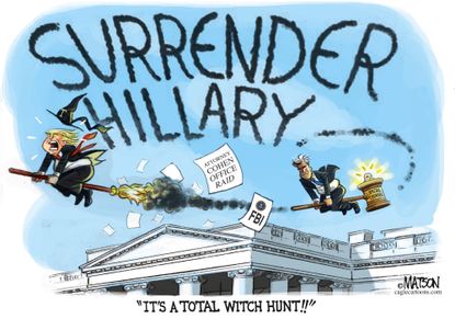 Political cartoon U.S. Trump Russia investigation Michael Cohen FBI raid Hillary Clinton witch hunt