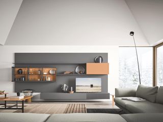white living room with modern shelving media tv unit
