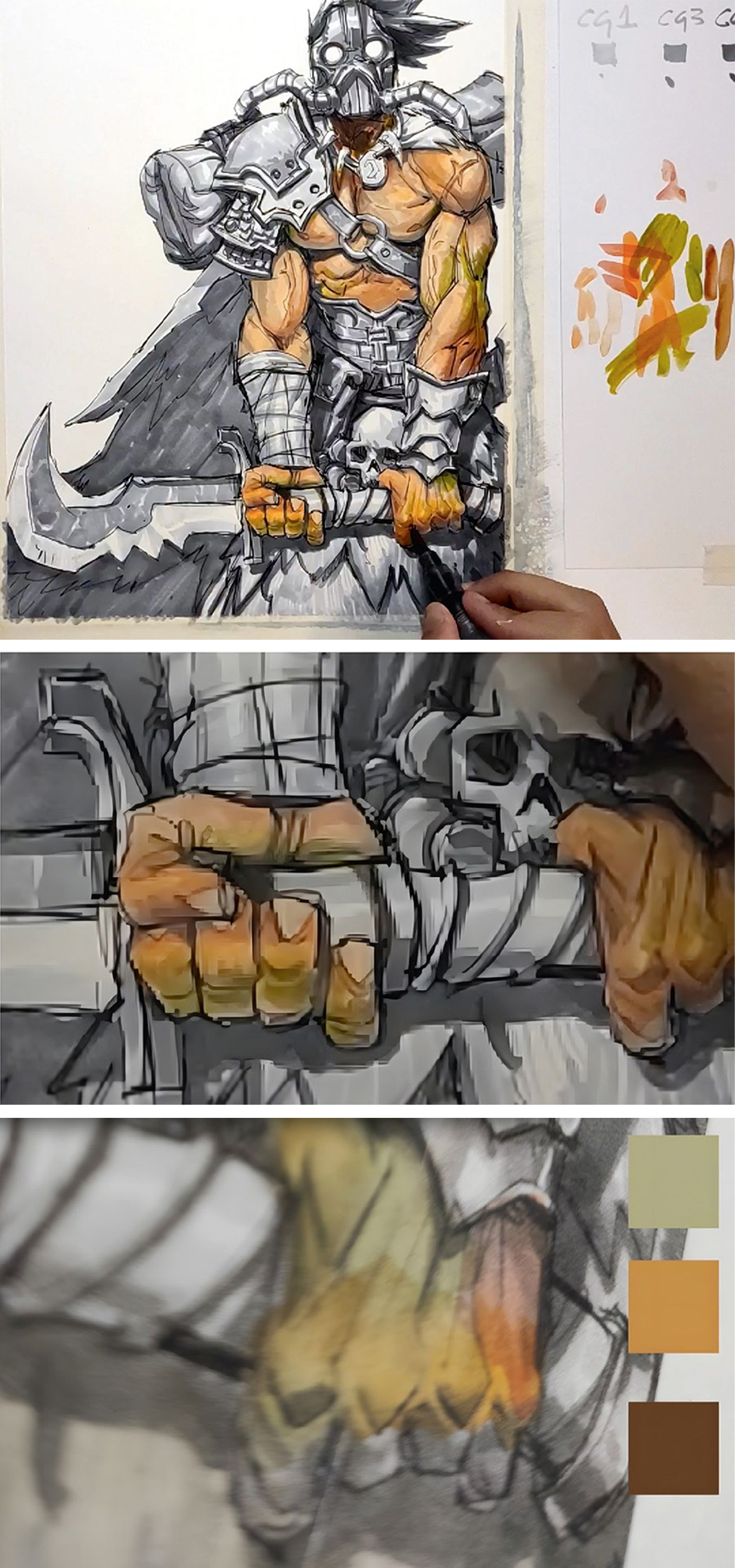 Mixed media painting tutorial; details of a fantasy character