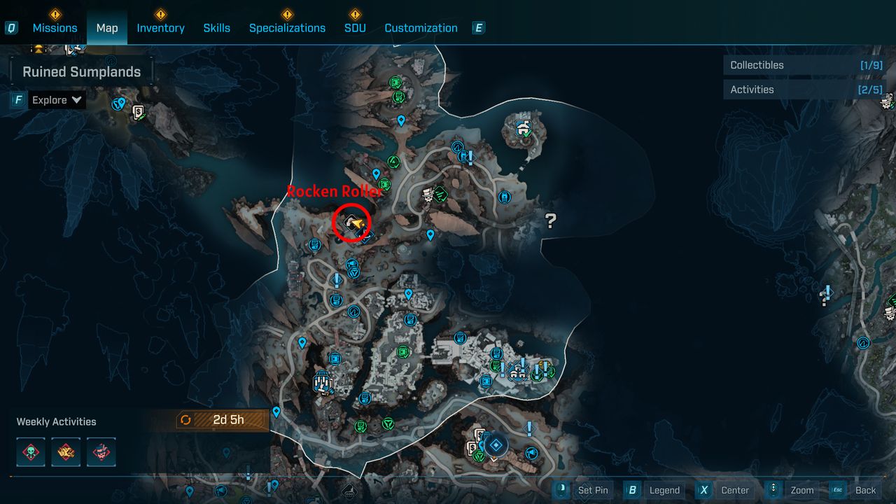 Borderlands 4 UVHM unlocks: A map with a red circle showing the location of the Rocken Roller boss in Carcadia Burn.
