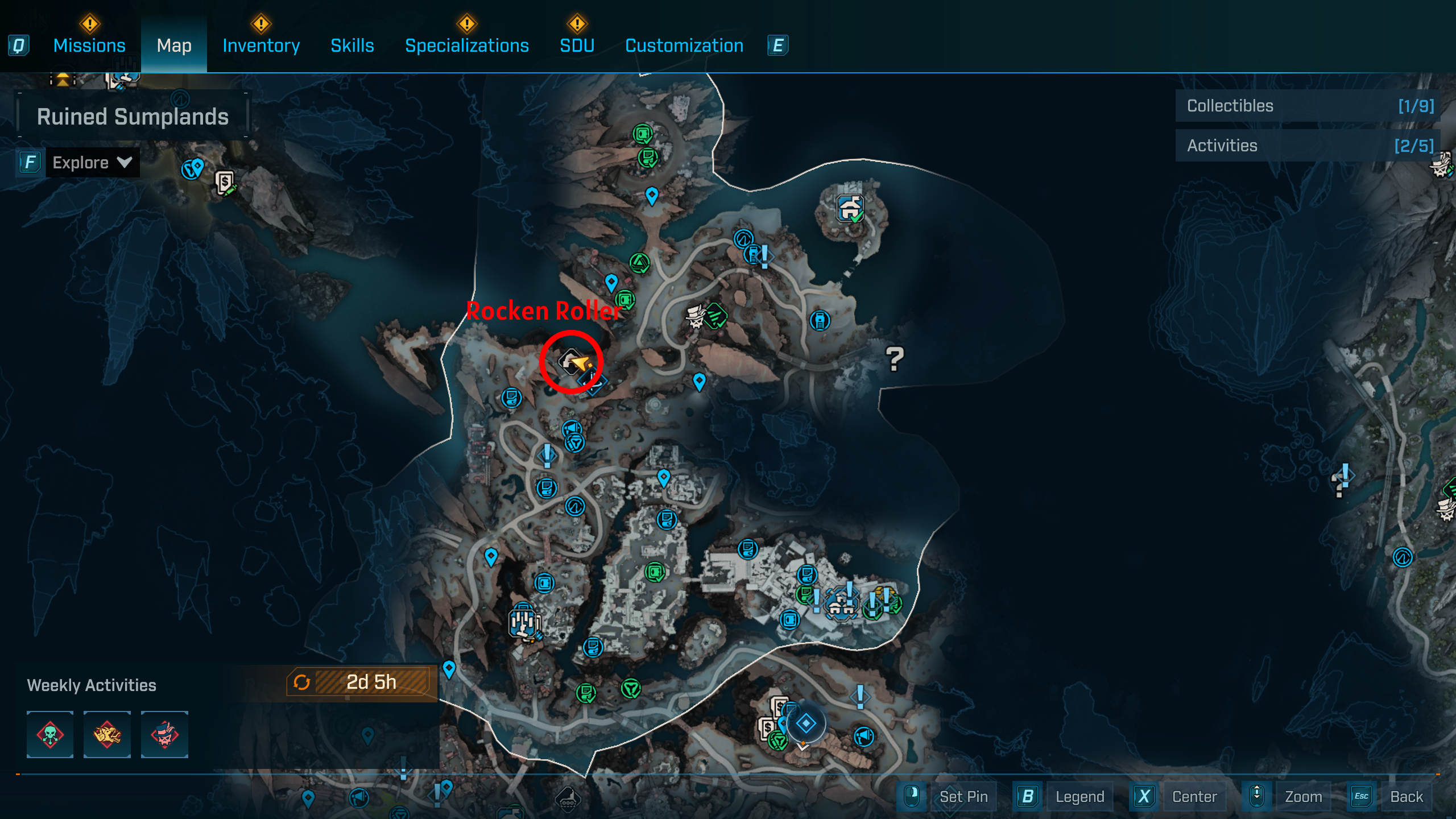 Borderlands 4 UVHM unlocks: A map with a red circle showing the location of the Rocken Roller boss in Carcadia Burn.