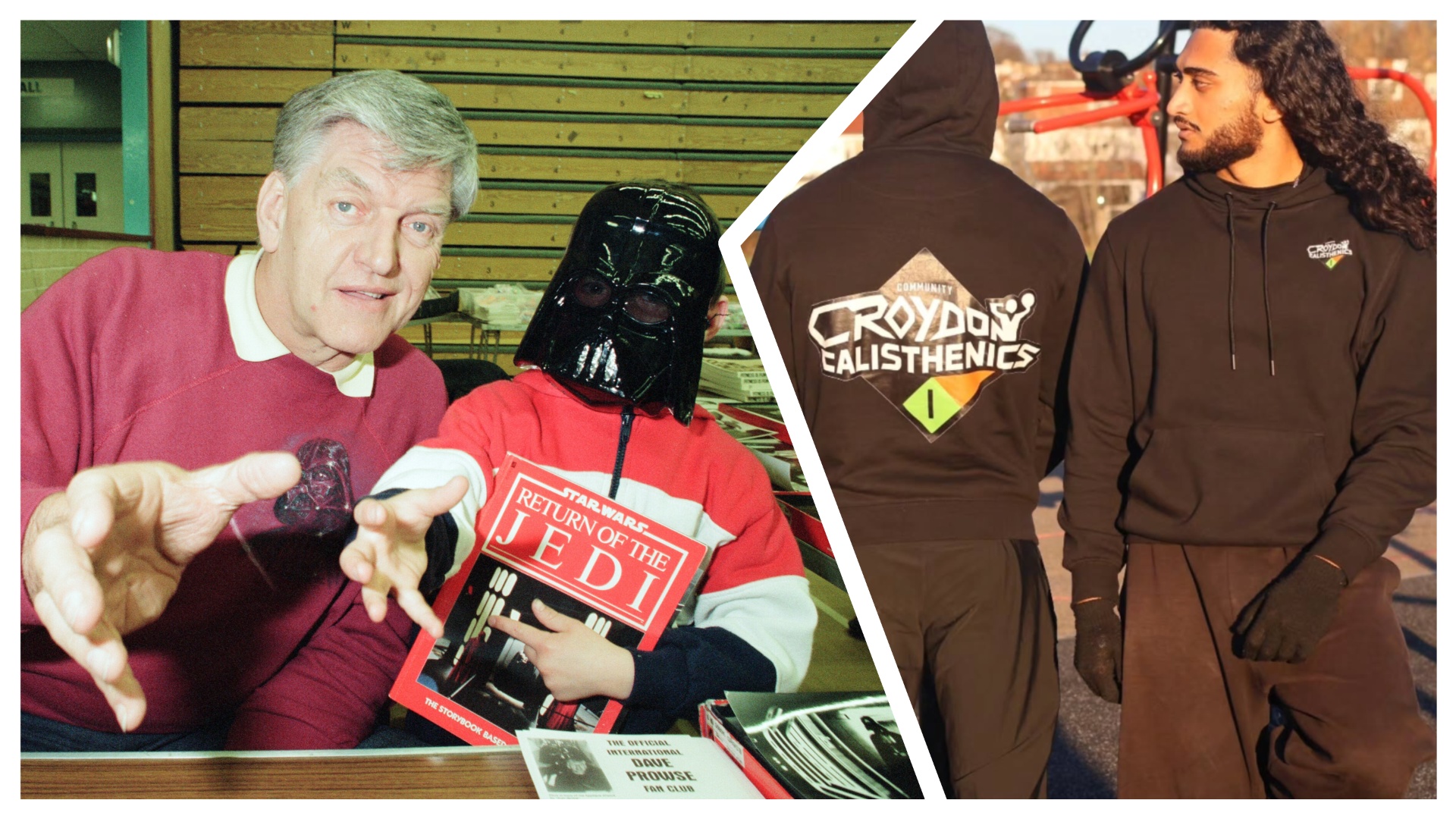 David Prowse, actor who plays Darth Vader in the Star Wars trilogy, pictured with a young fan holding Return of the Jedi Storybook at Collectors and Hobbies fair alongside a picture of Croydon Callisthenics  
