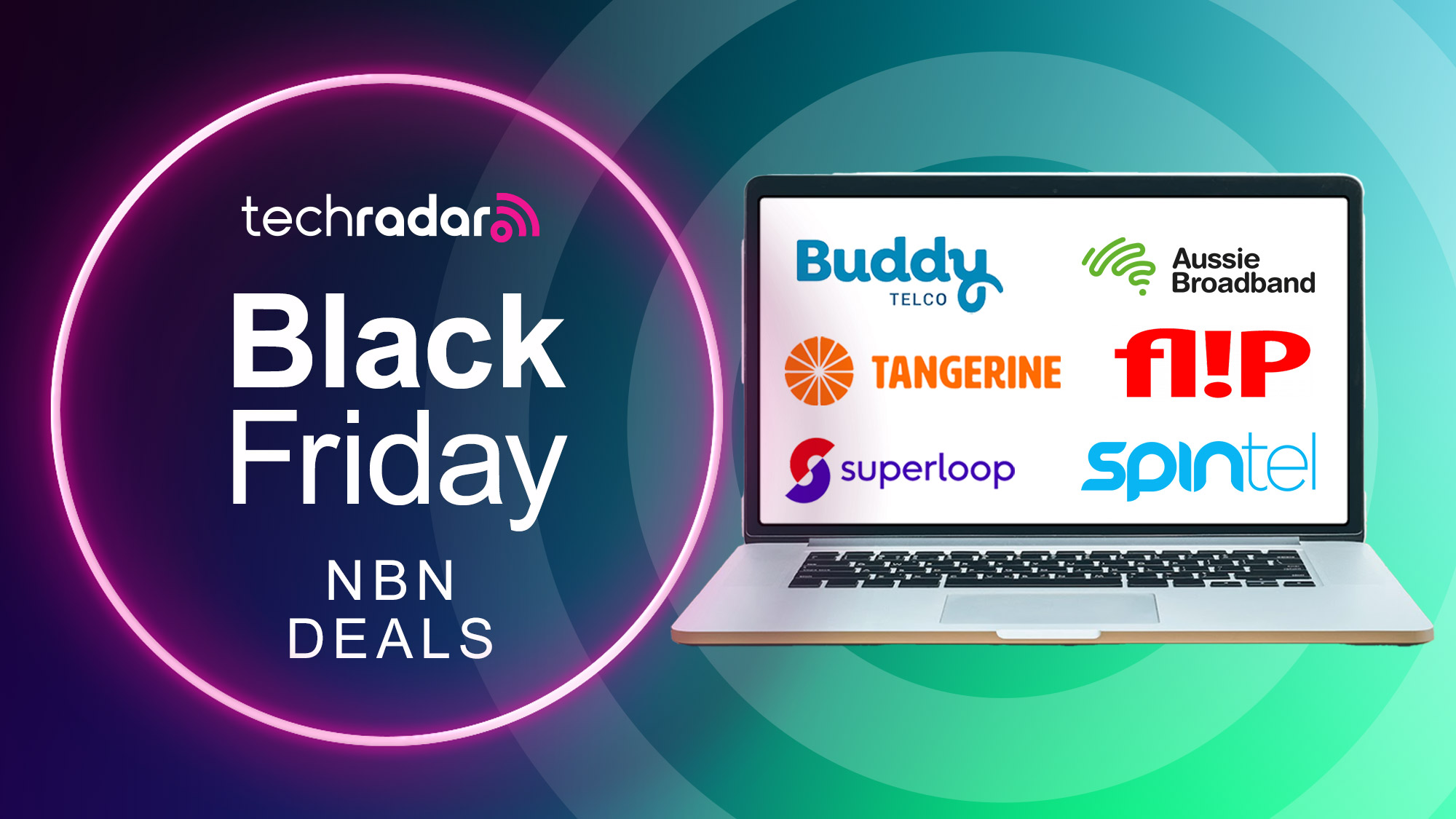 NBN provider logos on a laptop screen on the right of the image, with &quot;Black Friday NBN deals&quot; text on the left side of the image.