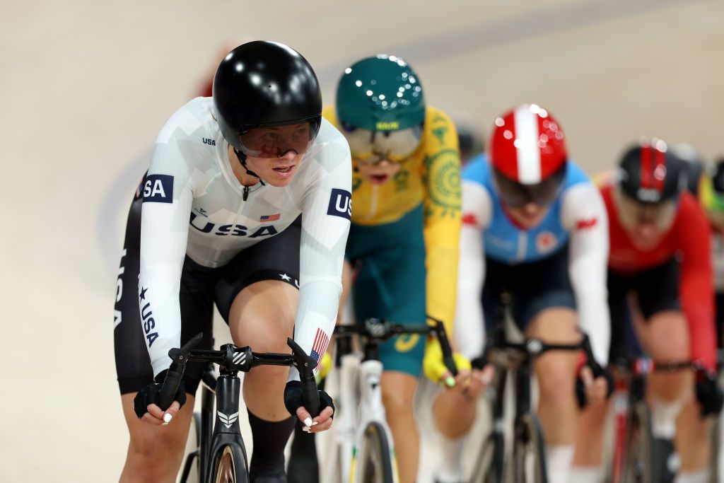 PARIS FRANCE AUGUST 11 Gold medalist Jennifer Valente of Team United States leads during the Womens Omnium Points Race 44 on day sixteen of the Olympic Games Paris 2024 at SaintQuentinenYvelines Velodrome on August 11 2024 in Paris France Photo by Alex BroadwayGetty Images