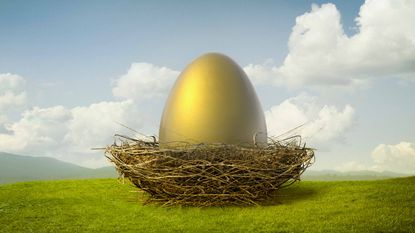 A huge golden egg sits in a bird's nest on a green hill under a blue sky.