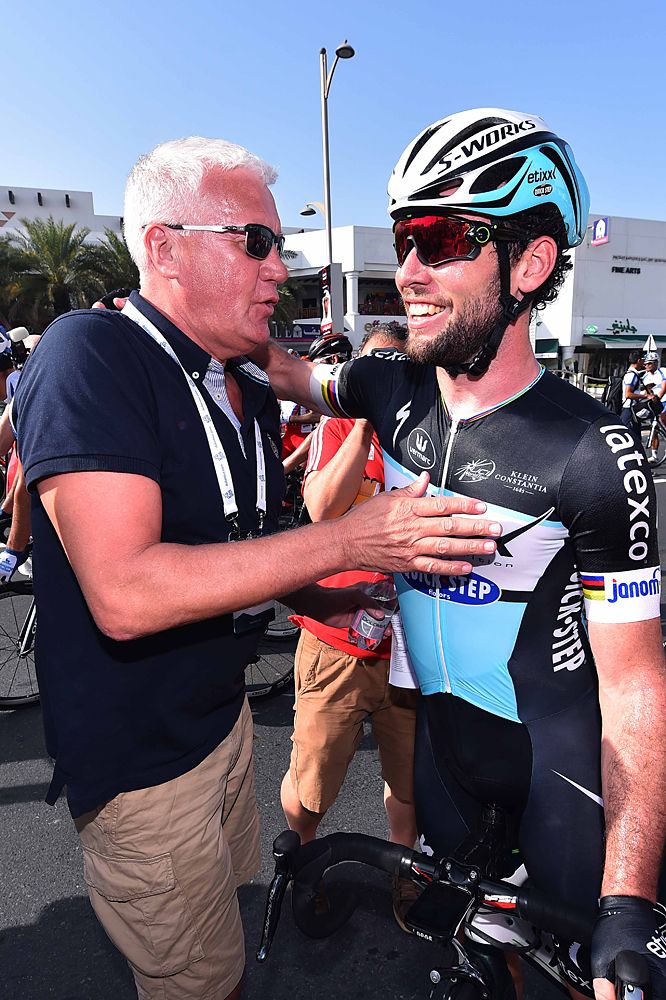 Etixx-QuickStep manager Patrick Lefevere and Marck Cavendish after stage 1 in Dubai