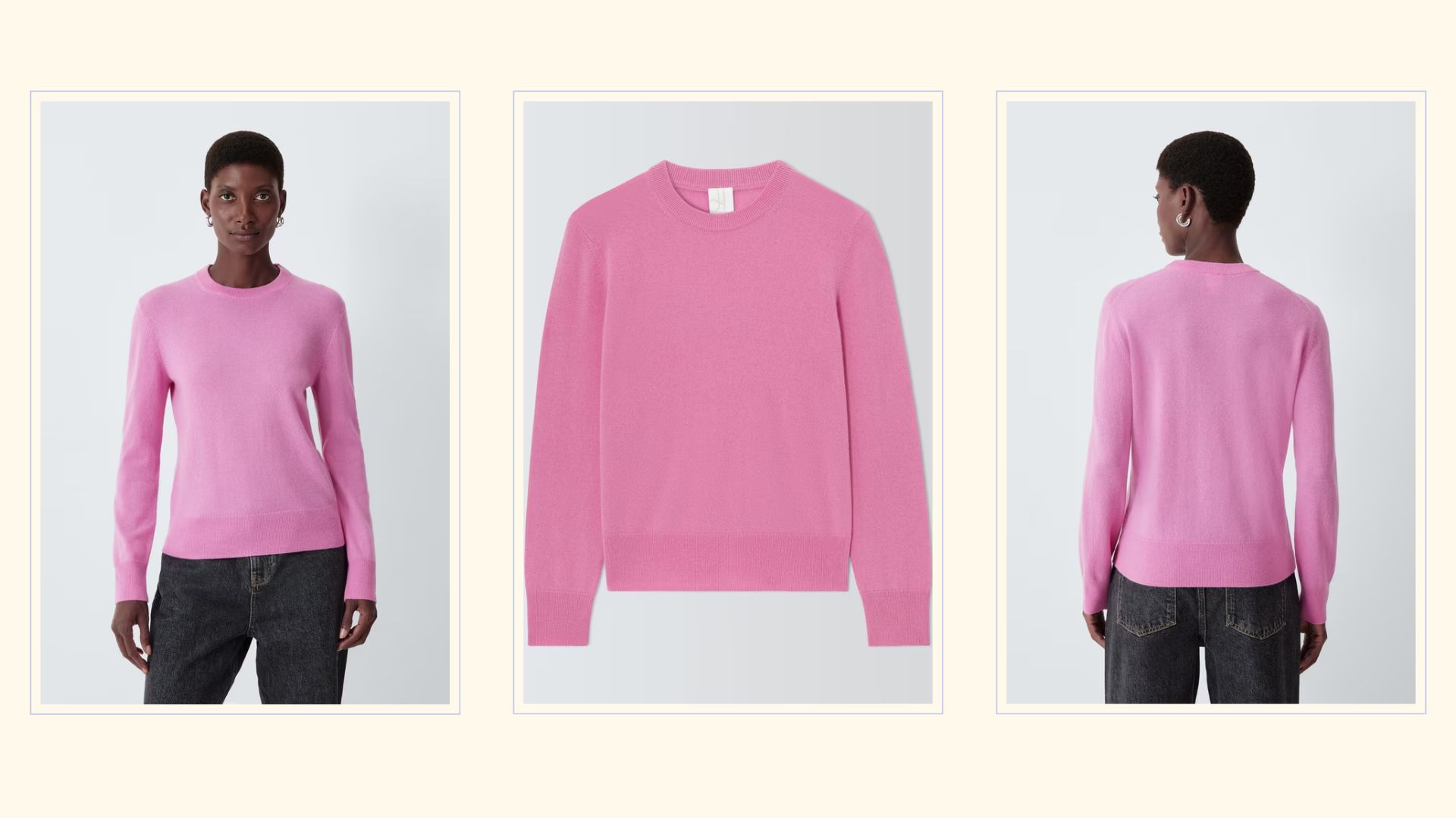 cashmere crew neck jumper in pink on a model