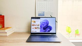 Samsung Galaxy Book 4 Pro 360 review unit on desk running Windows 11