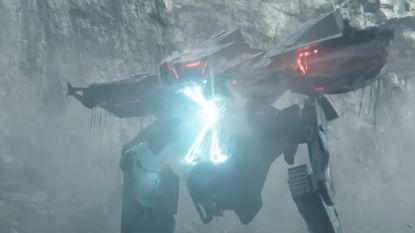 The giant robot villain of Netflix's War Machine charging up an energy blast