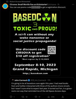 BasedCon promo code with attached John Carmack tweet