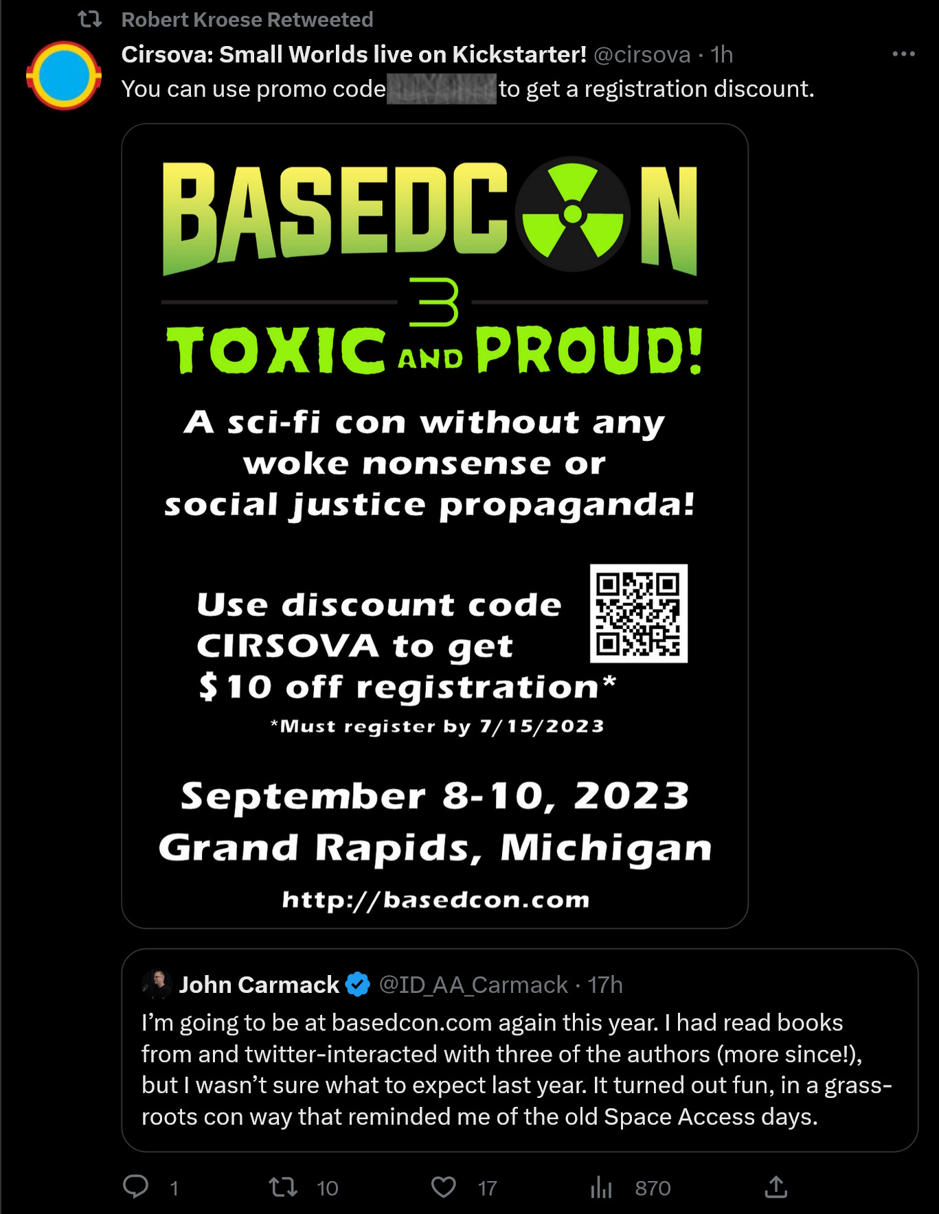 BasedCon promo code with attached John Carmack tweet