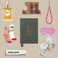 A selection of products on a beige background showing some of the best stocking filler ideas