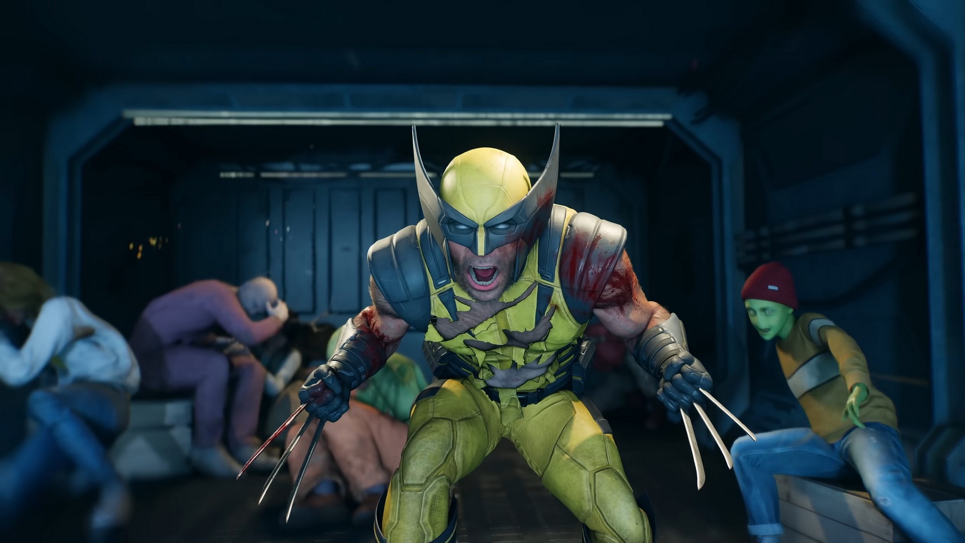 Wolverine screams in rage with his claws out in Marvel's Wolverine with a group of kidnapped mutants, including Leech, behind him