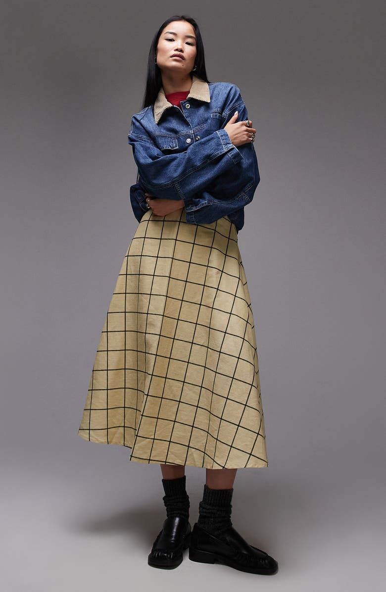 Windowpane Cotton Midi Skirt
