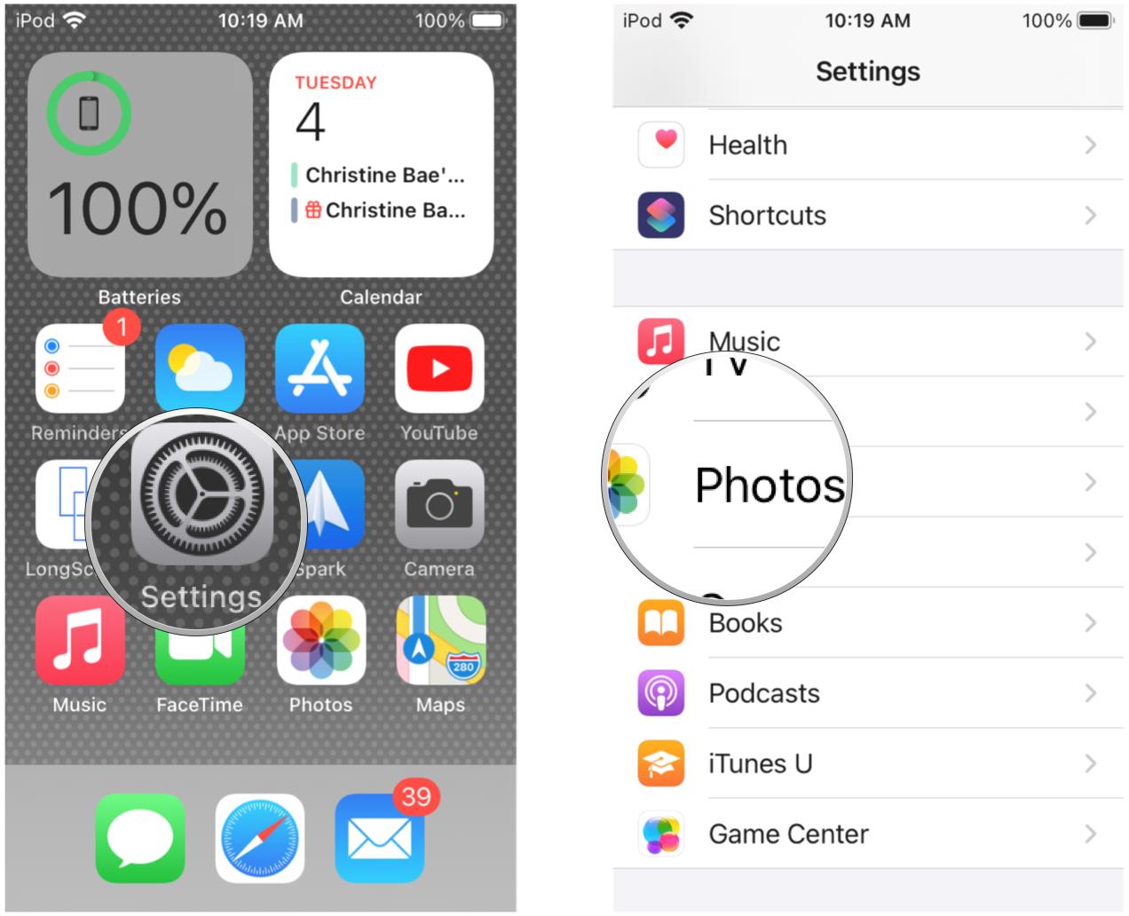 Enable iCloud Photo Library on your iPhone or iPad by showing steps: Launch Settings, tap Photos