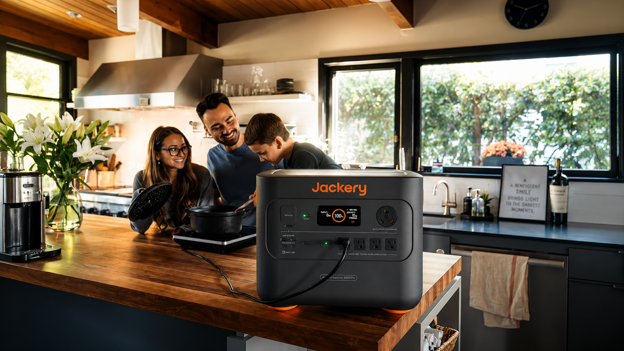 Family in kitchen cooking next to Jackery device